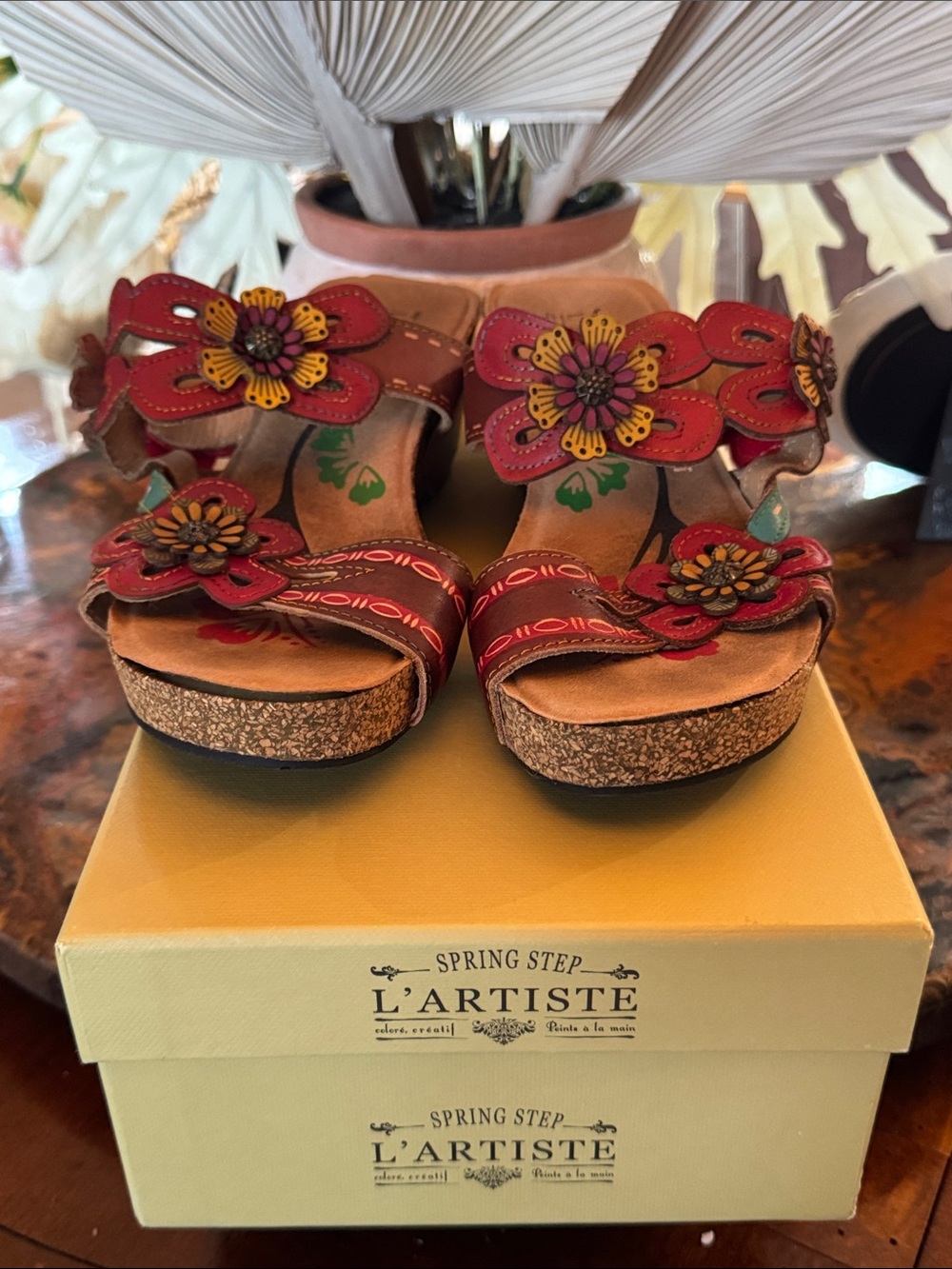 Spring Step L'Artiste Red Floral Cork Wedge Sandals